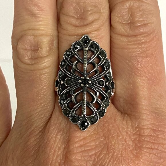 Sterling Silver 925 Openwork Scrollwork Wide Black Black Rhinestone Ring Sz 8 - Picture 1 of 16